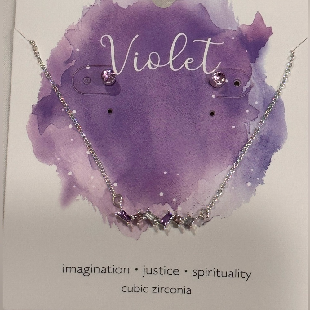 Silver Tone Purple CZ Stud Earrings and Necklace with CZ Accents